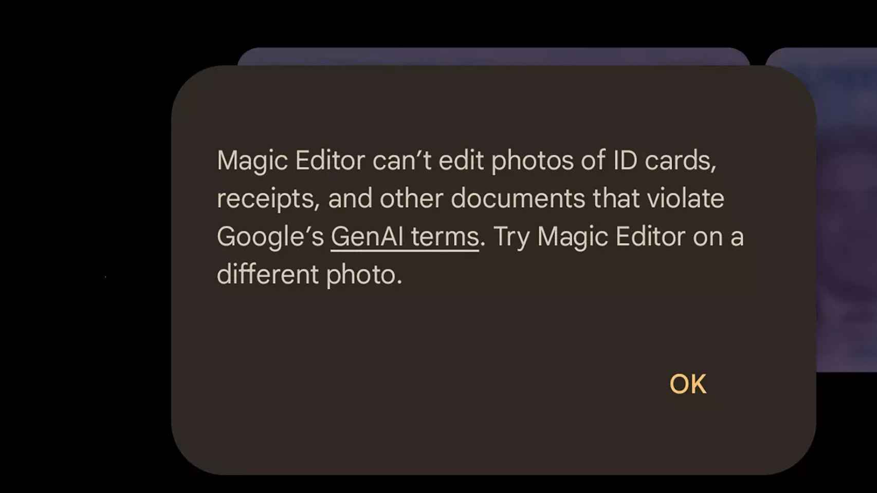 Mensaje de error en Magic Editor de Google Fotos