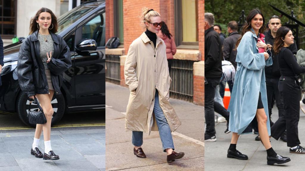 Montaje de tres chicas llevando mocasines.