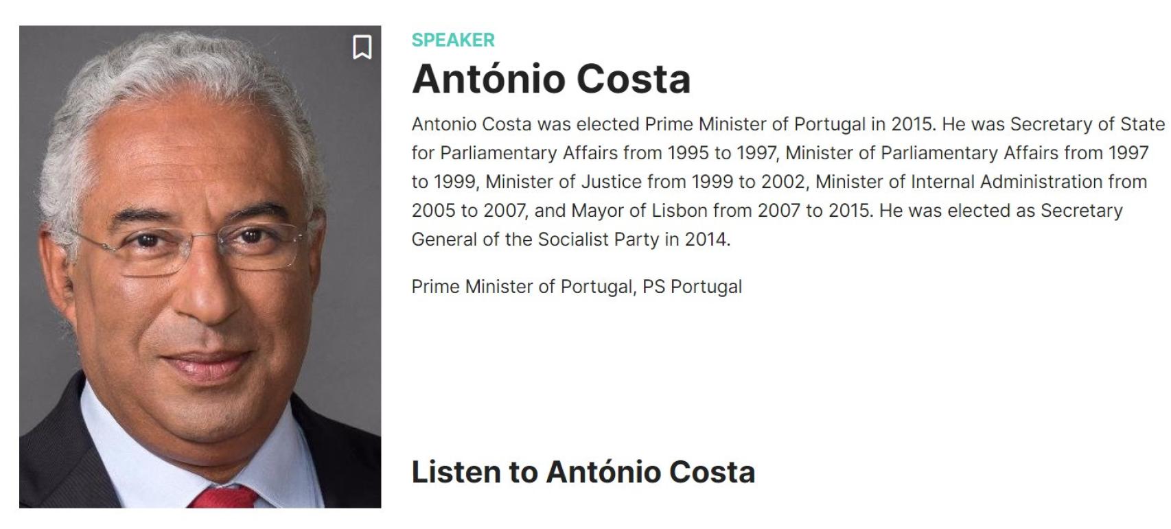Extracto de la página web del congreso de los socialistas europeos en la que se seguía anunciando a Costa como ponente.