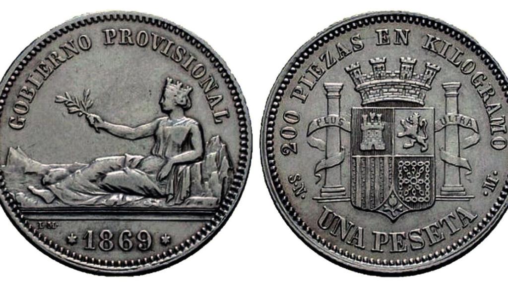 Moneda de una peseta con la leyenda 'Gobierno Provisional'.
