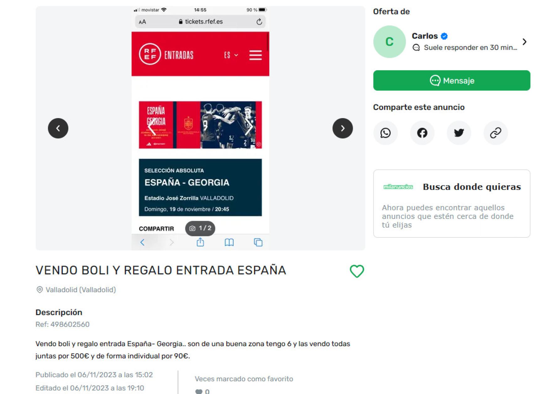 Oferta en milanuncios.com para comprar un boli que incluye entradas de regalo para el partido de España en Valladolid