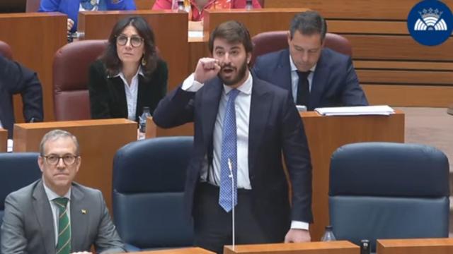 El vicepresidente de la Junta, Juan García-Gallardo, recreando el gesto realizado durante su intervención en las Cortes.