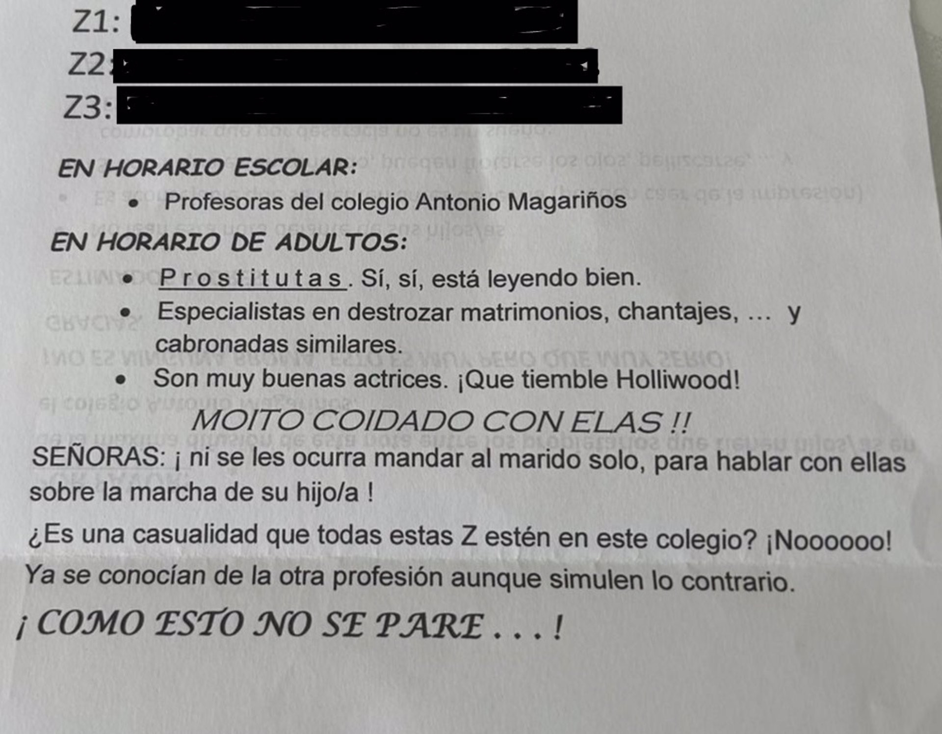 Imagen de una de las cartas enviadas contra las profesoras. Foto: Europa Press