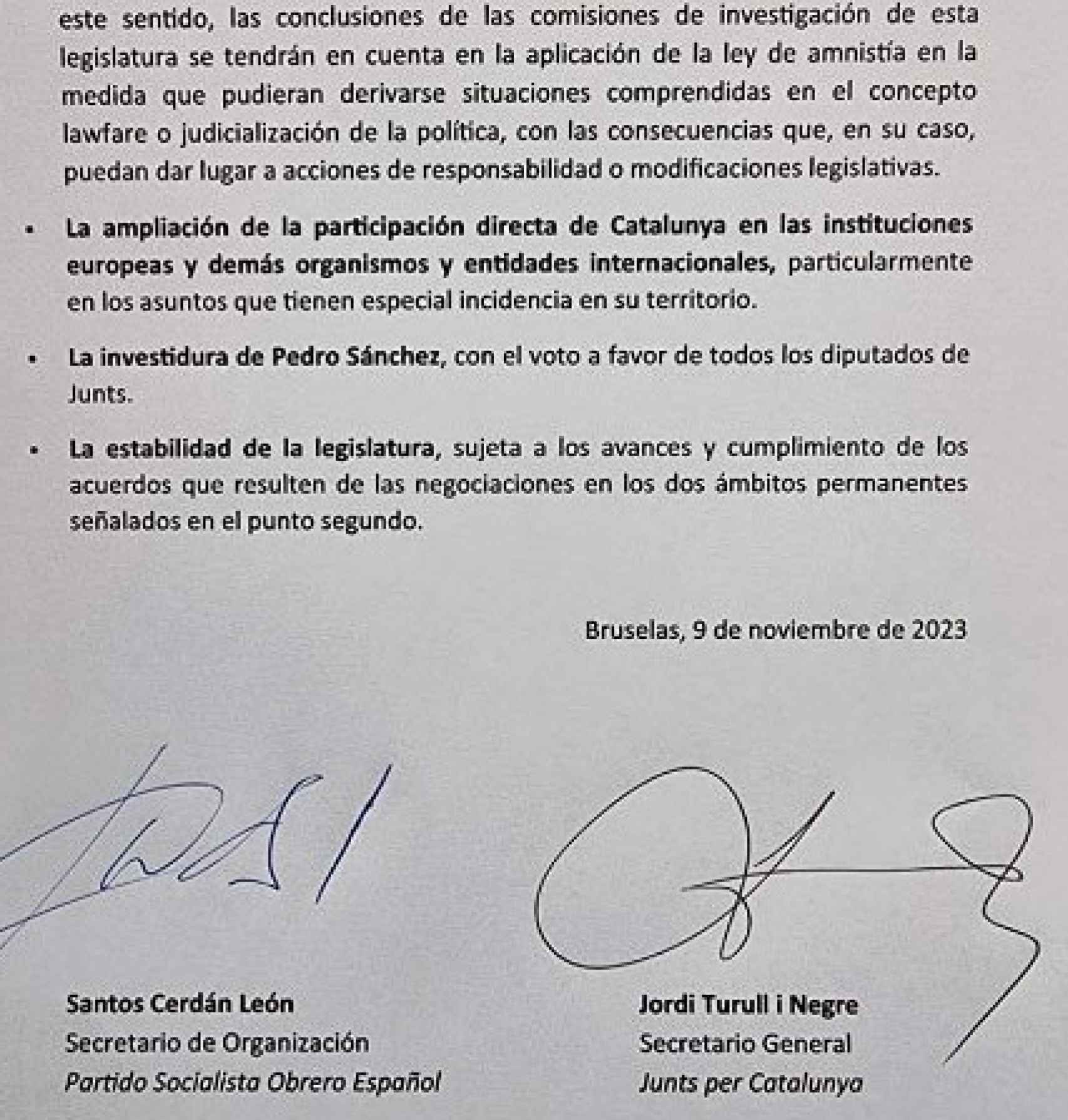 Imagen del acuerdo entre PSOE y Junts
