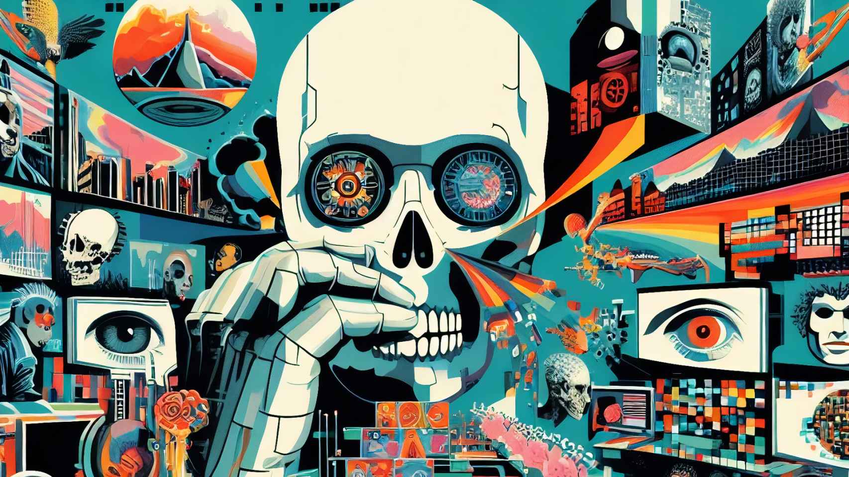 Un mundo gobernado por inteligencias artificiales al estilo de la portada del álbum Amused to death de Roger Waters.