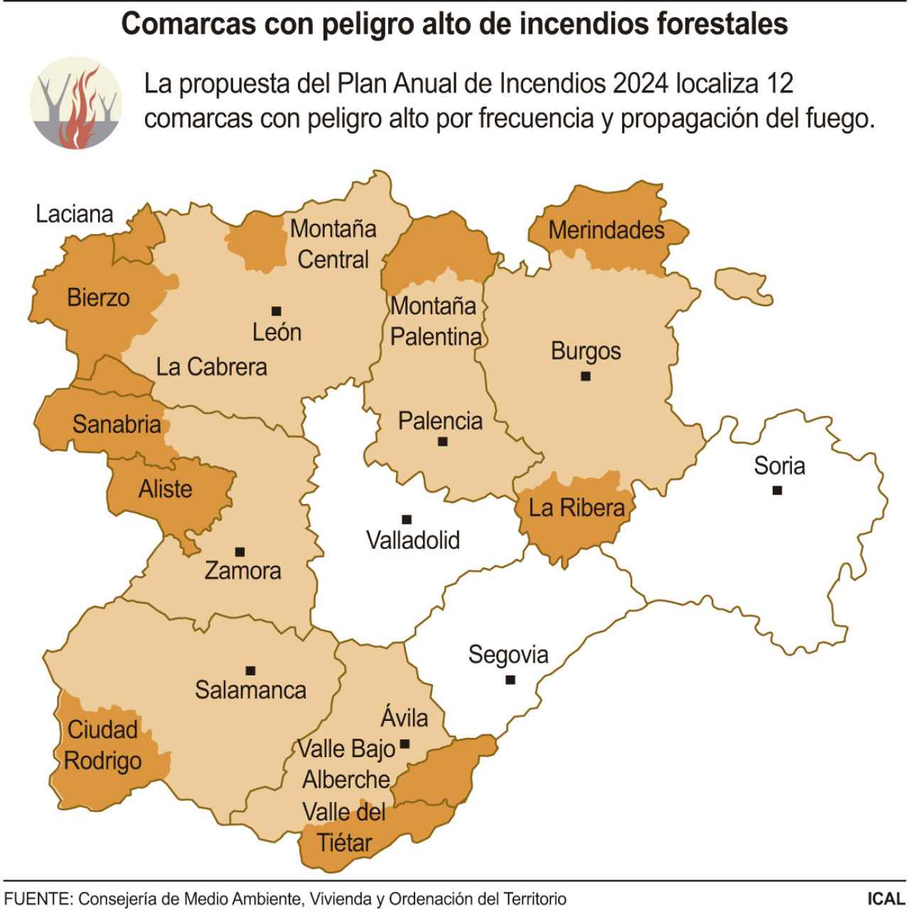 Mapa con las comarcas de peligro alto de incendios forestales