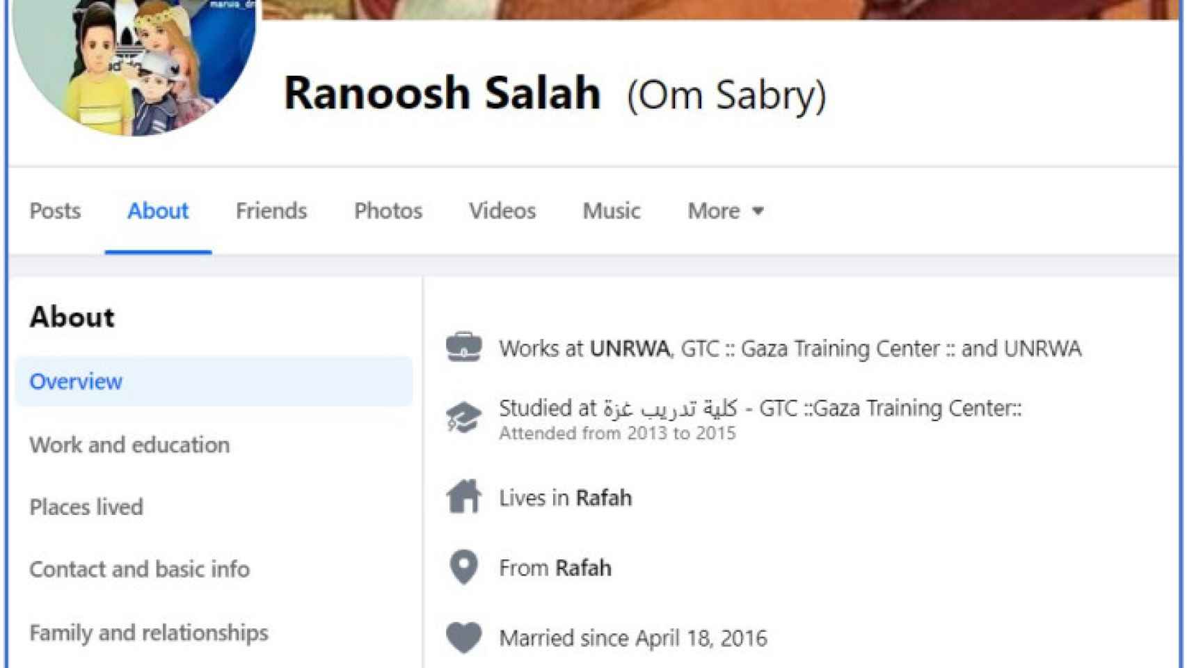 Perfil de Facebook de Ranoosh Salah, profesora de la UNRWA,  que exaltó la masacre del pasado 7 de octubre.