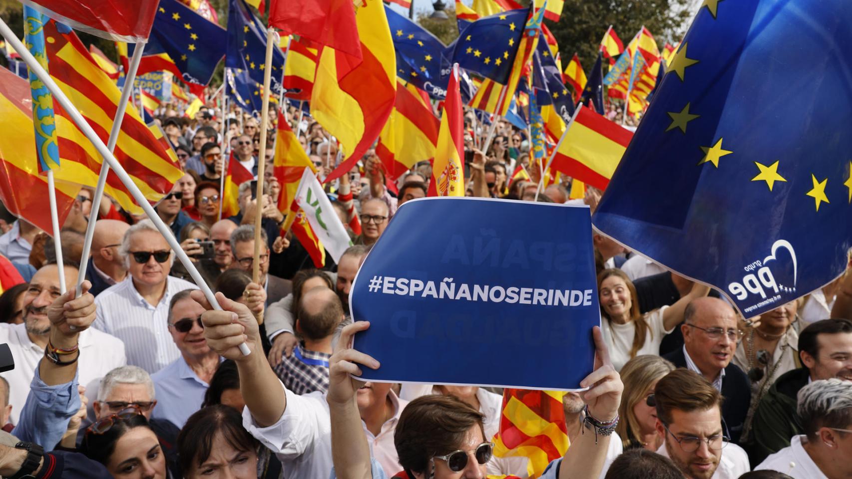 Cientos de personas asisten con banderas y pancartas a la concentración en la plaza del Temple de Valencia.