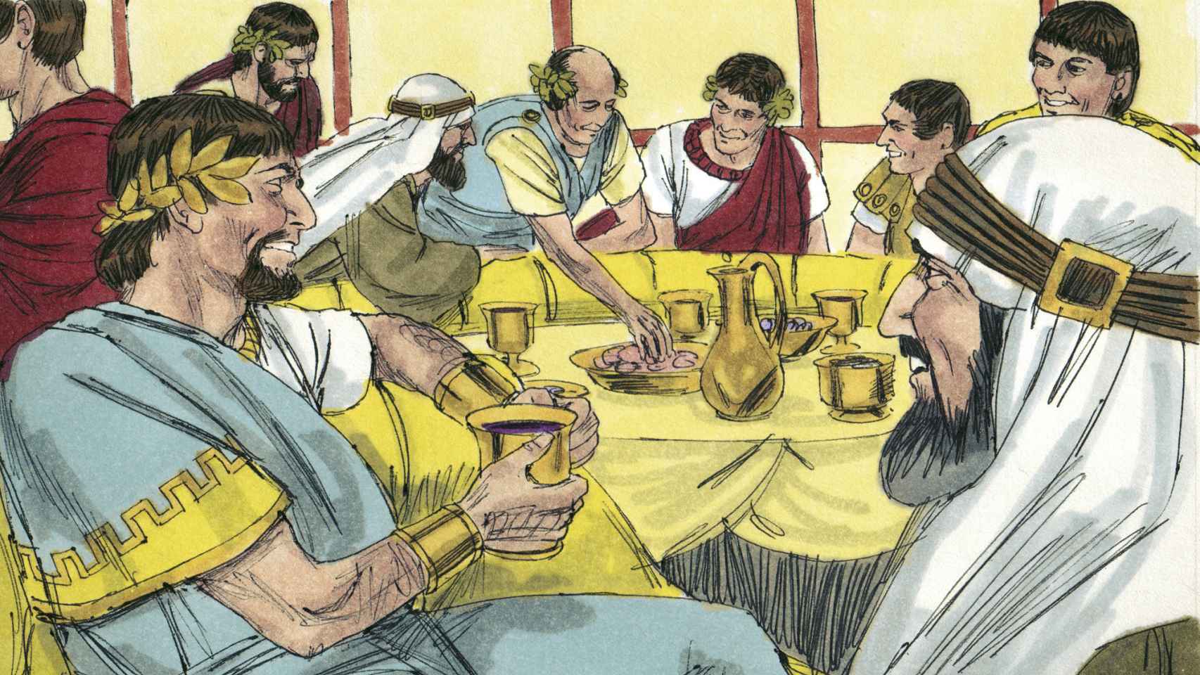 Ilustración de unos romanos bebiendo vino.