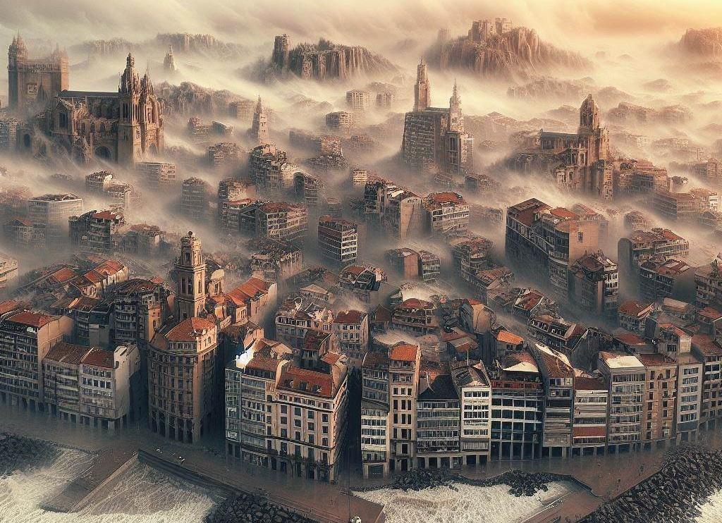 Imagen ficticia creada con IA sobre el ‘final’ de la ciudad de A Coruña (Foto: Bing Creator)