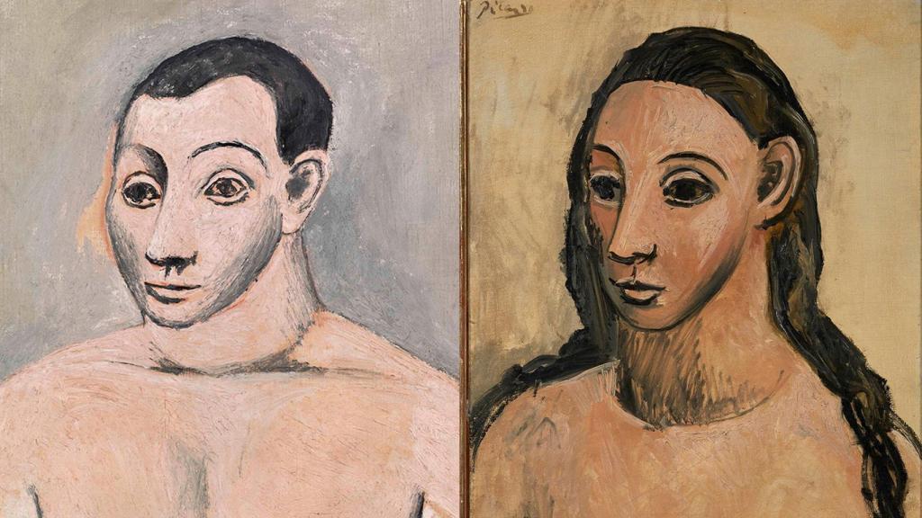 Pablo Ruiz Picasso: 'Autorretrato' (detalle), c. 1906. Musée National Picasso Paris. A la derecha, 'Busto de mujer joven' (detalle), 1906. Museo Reina Sofía. © Sucesión Pablo Picasso, VEGAP, Madrid, 2023.