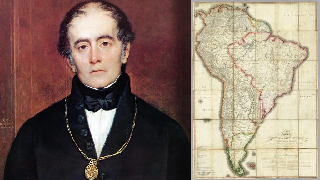 El filólogo y político Andrés Bello, pionero del panhispanismo, retratado por Raymond Monvoisin entre 1843 y 1858. A la derecha, mapa de Suramérica realizado por Juan de la Cruz Cano y Olmedilla en 1776.