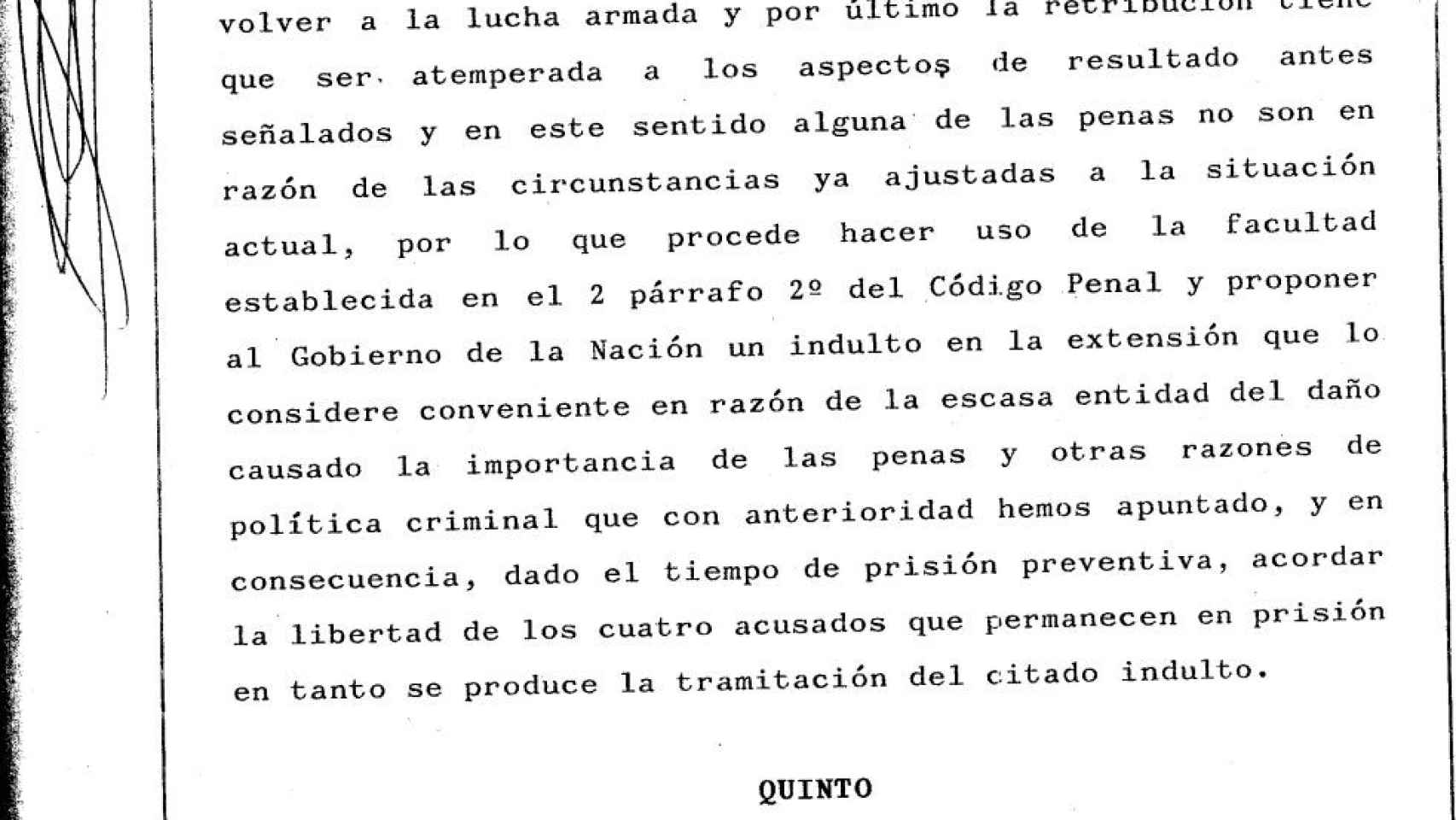 Parte de la sentencia en la que la Audiencia Nacional argumenta la propuesta de indulto para los terroristas de Terra Lliure./