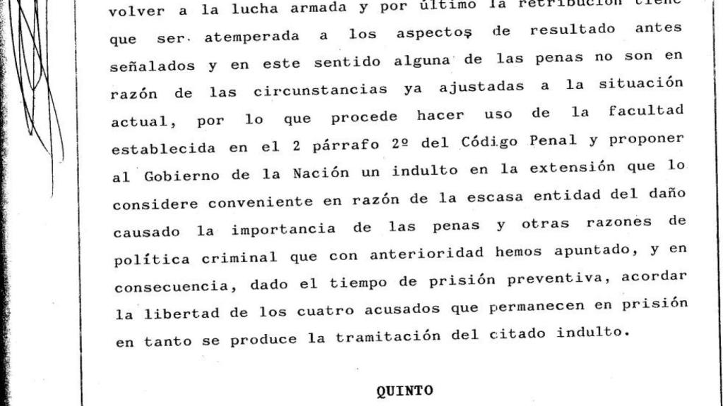 Parte de la sentencia en la que la Audiencia Nacional argumenta la propuesta de indulto para los terroristas de Terra Lliure./