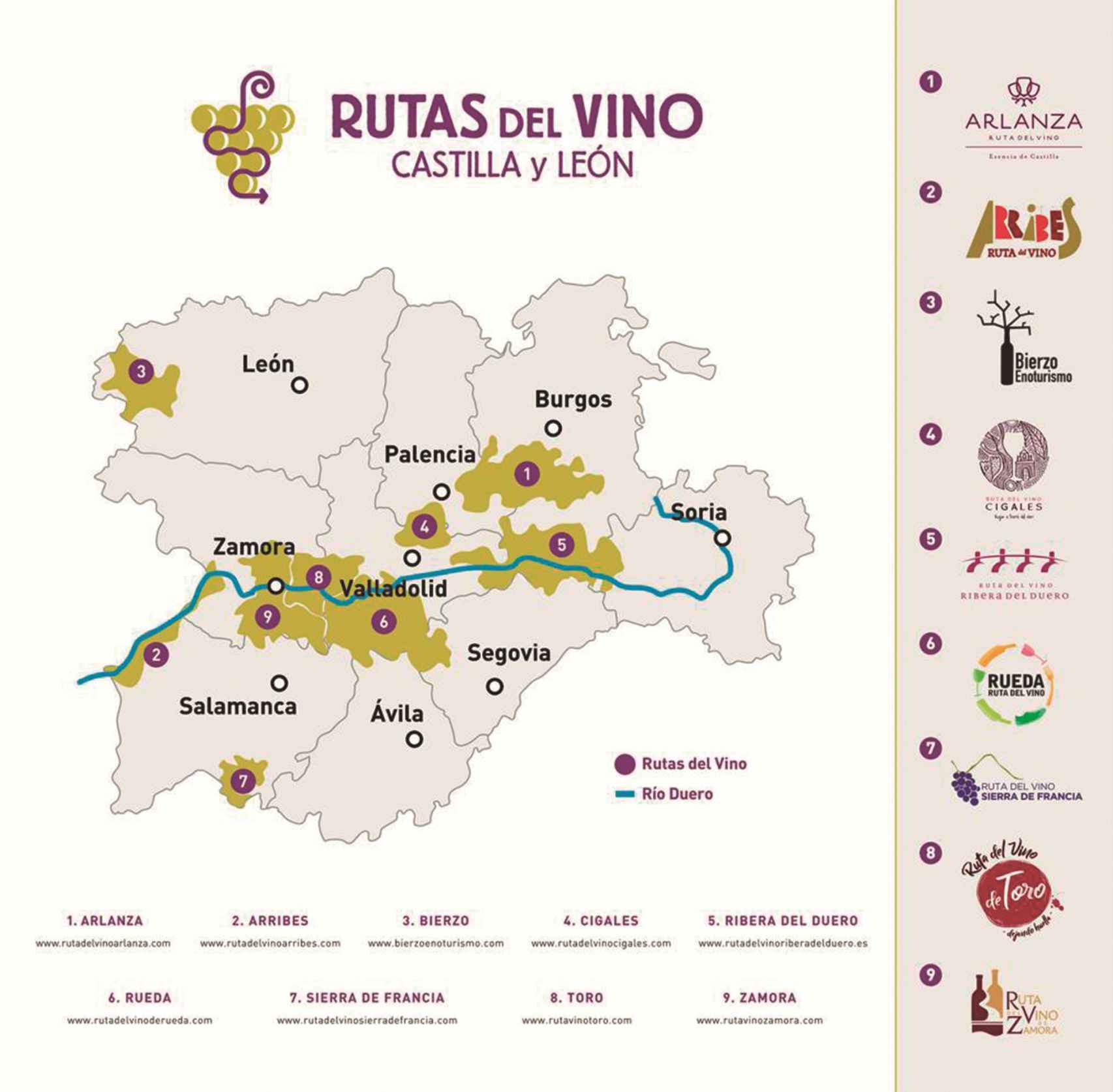 Mapa de las rutas del vino en Castilla y León