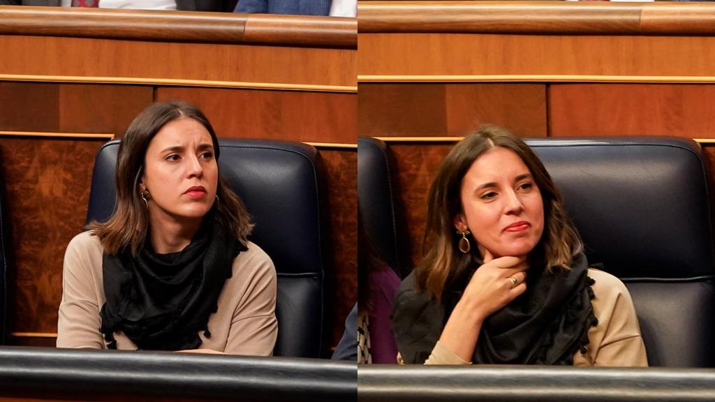 Irene Montero, contrariada durante un momento de la sesión de investidura y sonriendo ante una declaración.