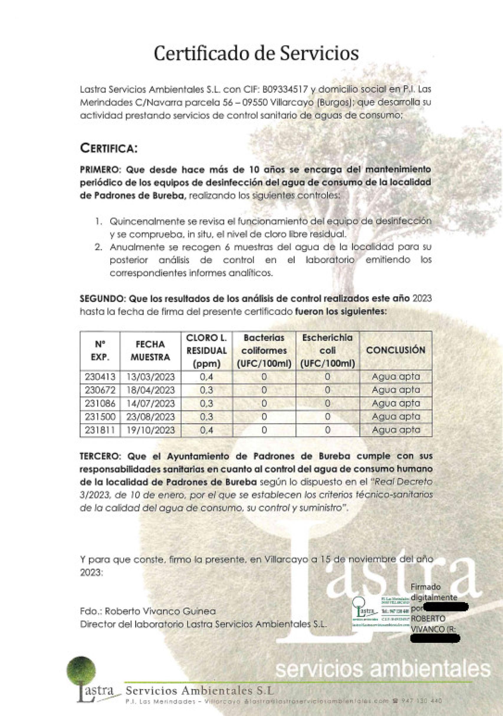 Certificado de la empresa que realiza los controles del agua en Padrones de Bureba