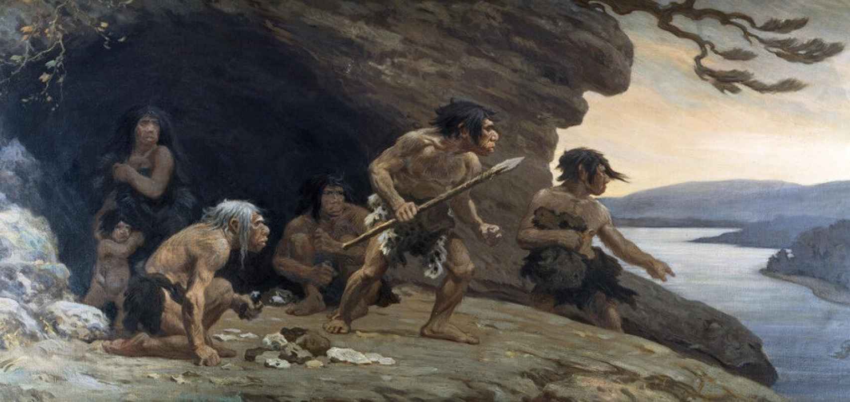 Recreación artística realizada por el pintor Charles R. Knight de una familia neandertal de Le Moustier.