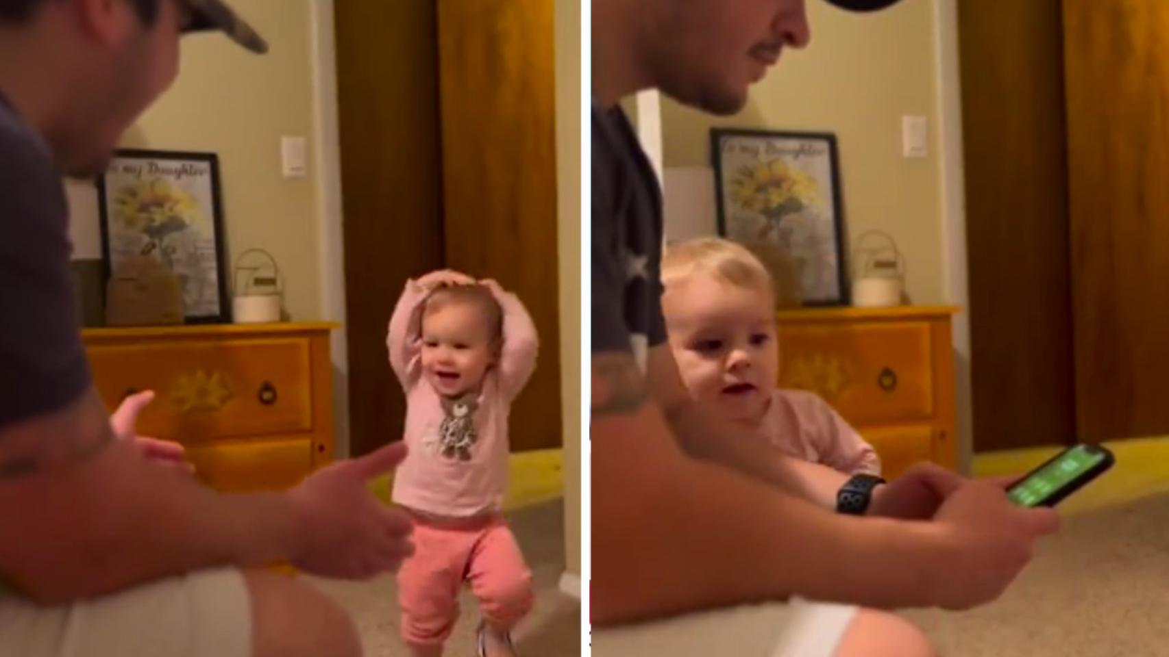 Dos capturas del vídeo viral donde se muestra el cambio de comportamiento del bebé.