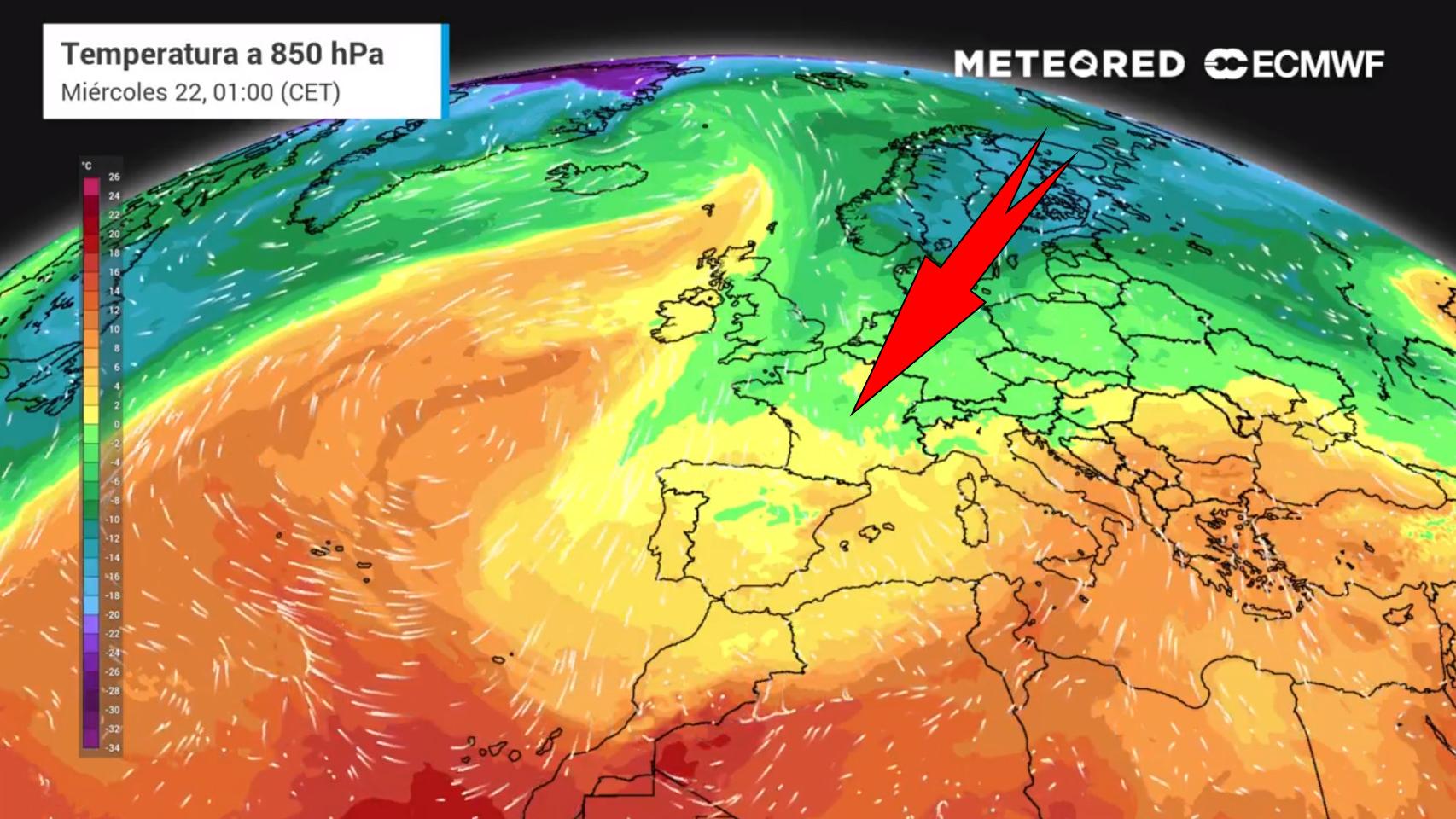 La entrada de aire frío de origen polar en España a mediados de la semana que viene. Meteored.