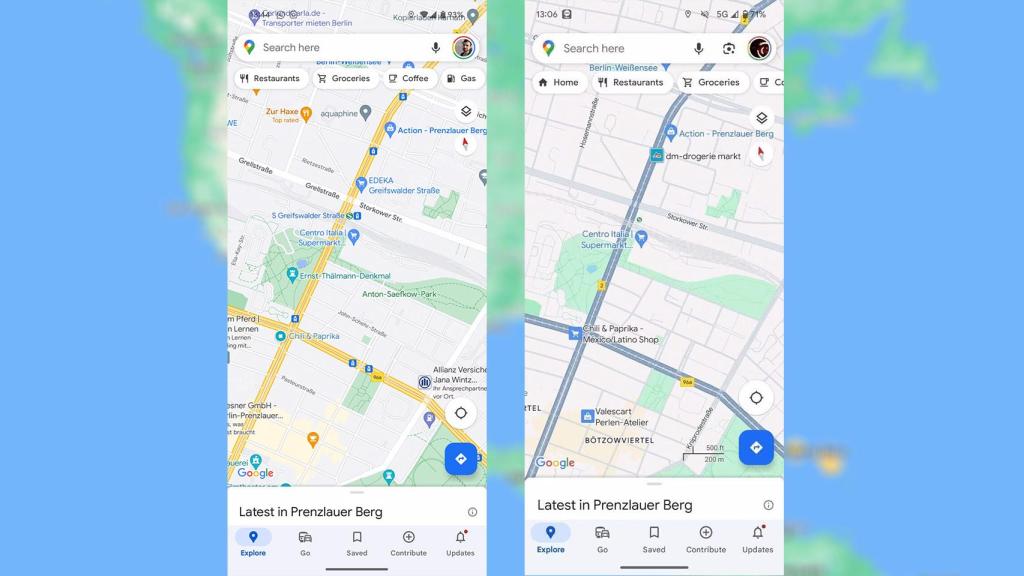 El esquema de color actual de Google Maps y en la derecha el nuevo utilizado
