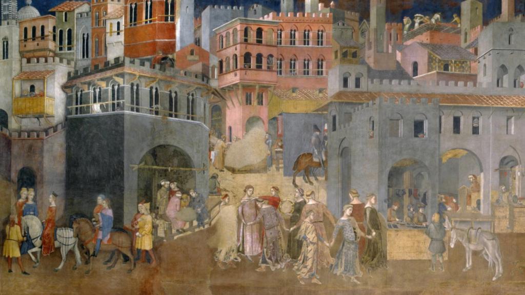 Consecuencias del buen gobierno en la ciudad italiana de Siena, un fresco del siglo XIV de Ambrogio Lorenzetti.