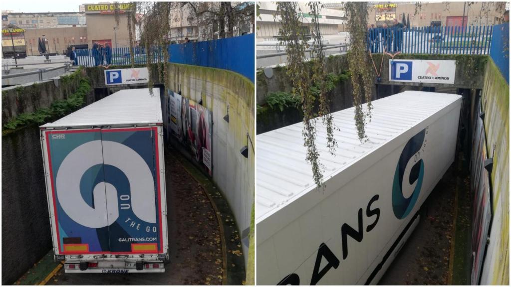 Camión atrapado en el acceso del parking de Cuatro Caminos