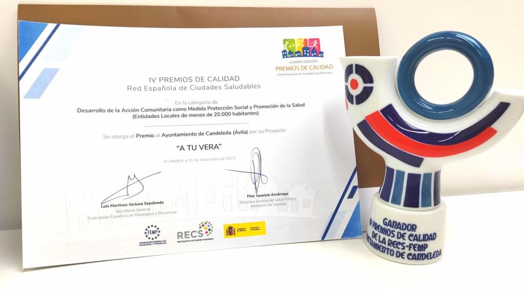 Certificado que acredita el premio a Candeleda