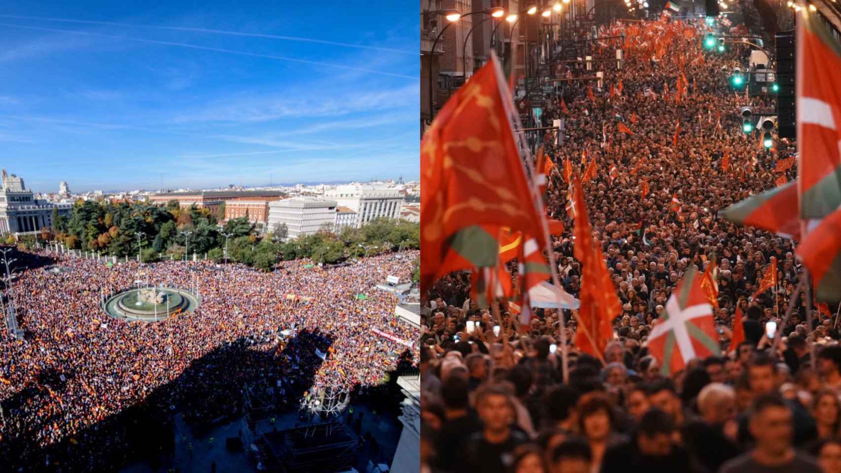 Concentración este sábado en Cibeles contra la amnistía y manifestación convocada por EH Bildu en Bilbao.