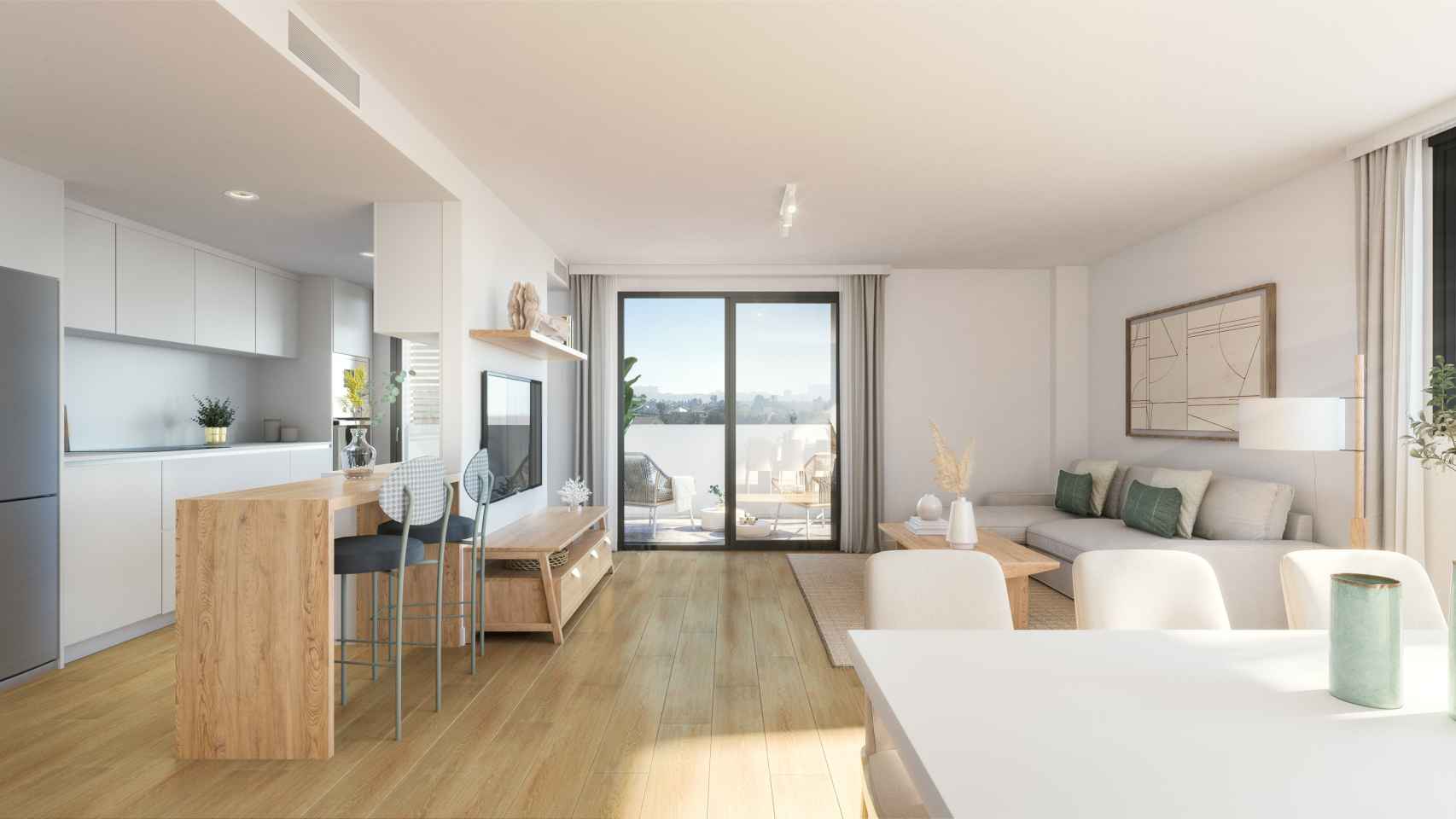 Salón con cocina integrada de las futuras viviendas de la promoción Alhora de AEDAS Homes en el nuevo barrio de Nou Nazareth en Sant Joan d'Alacant.