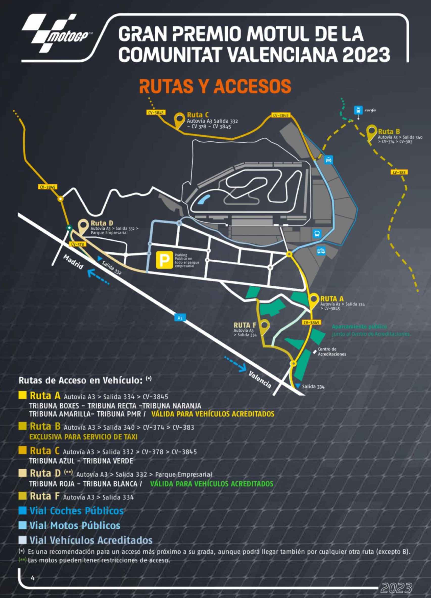Los cuatro accesos disponibles para el Circuito de Cheste Ricardo Tormo. EE