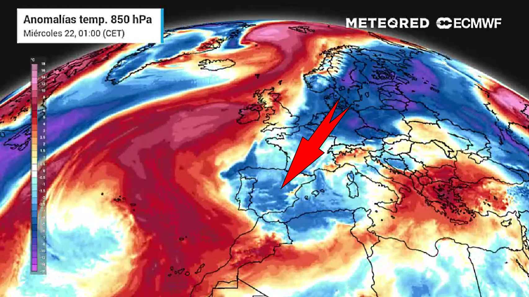 La masa de aire frío de origen polar que entra en España. Meteored.