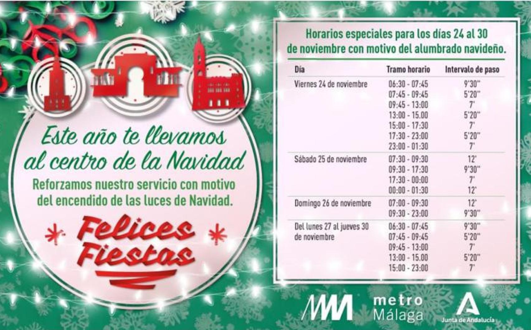 Horarios del Metro de Málaga del 24 al 30 noviembre.