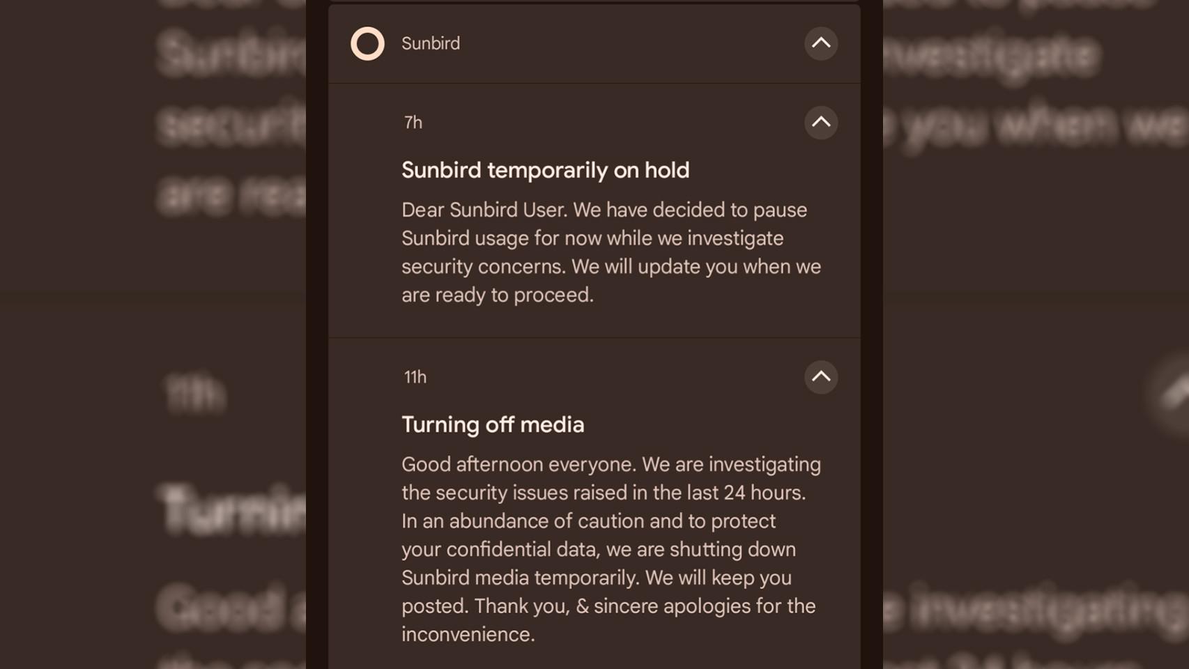 Sunbird avisa del cierre temporal de la app