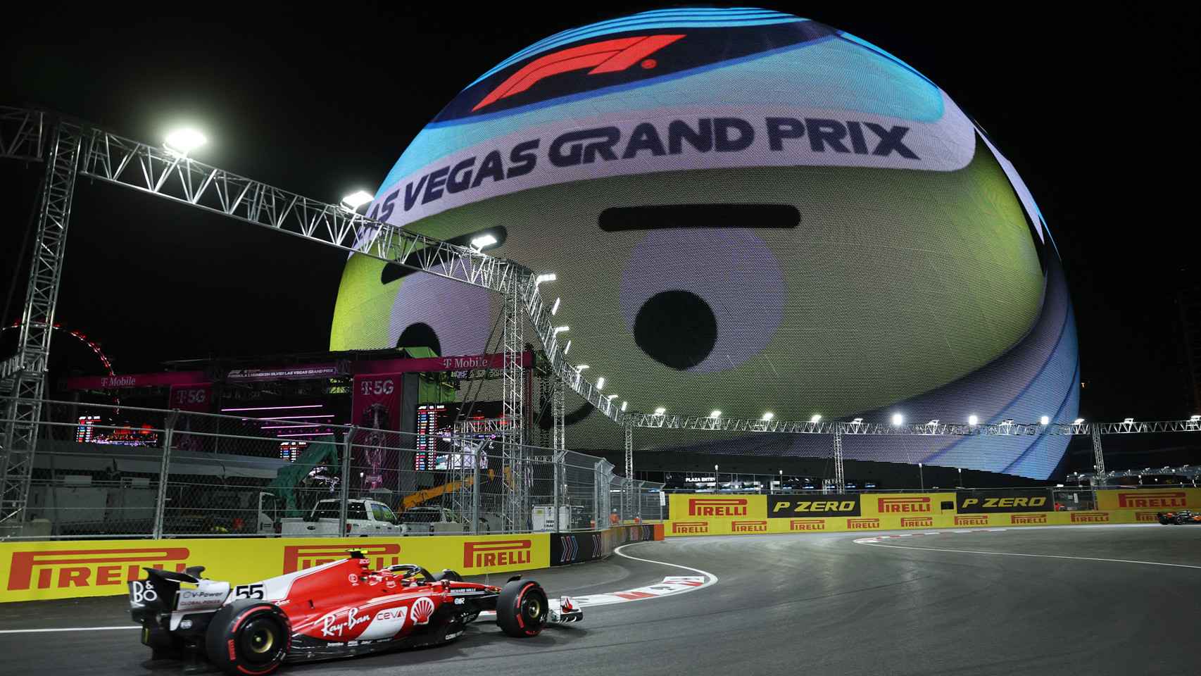 Formula One F1 - Las Vegas Grand Prix - Las Vegas Strip Circuit, Las Vegas, Nevada, U.S - November 18, 2023 Ferrari's Carlos Sainz Jr. in action in front of the sphere during qualifying