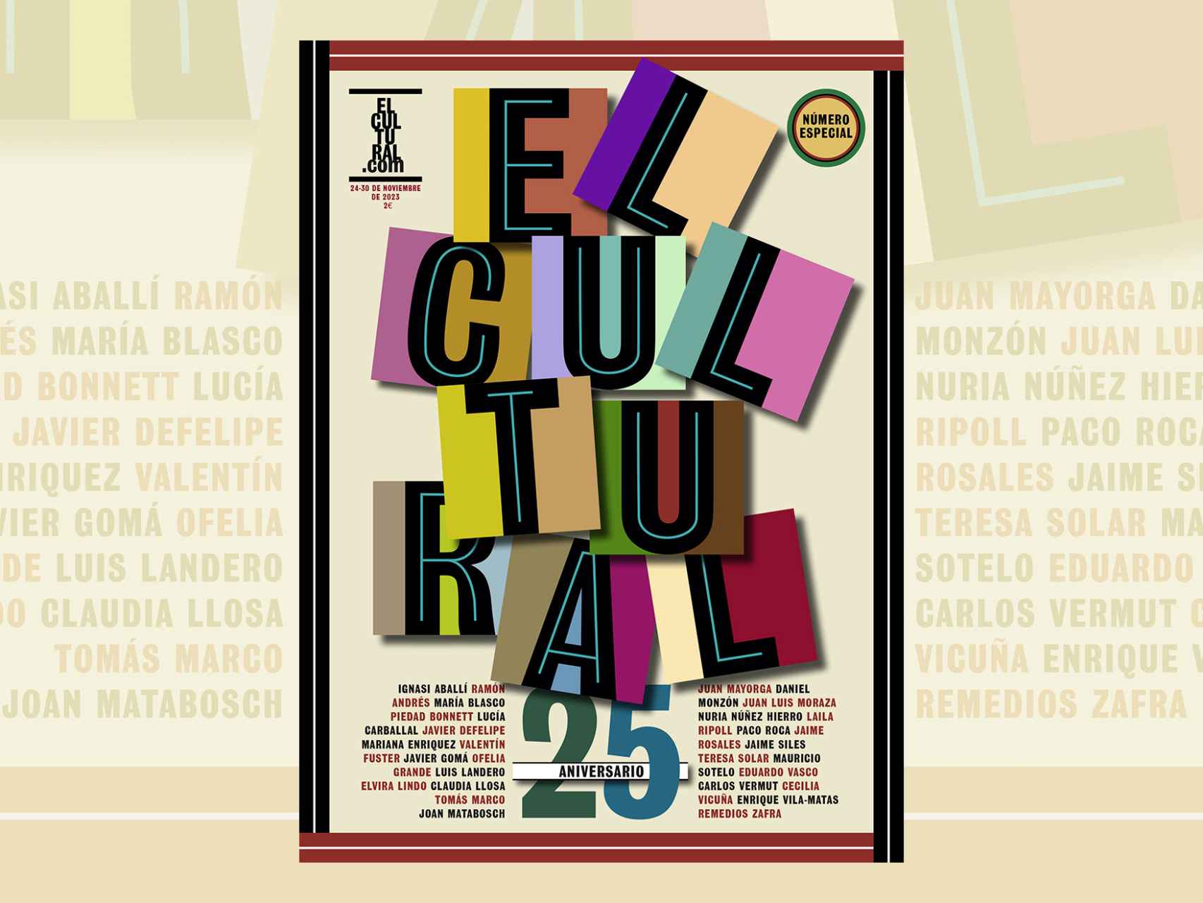 Portada de Rodrigo Sánchez para El Cultural del 24 de noviembre de 2023, número especial por el 25.º aniversario de la revista.