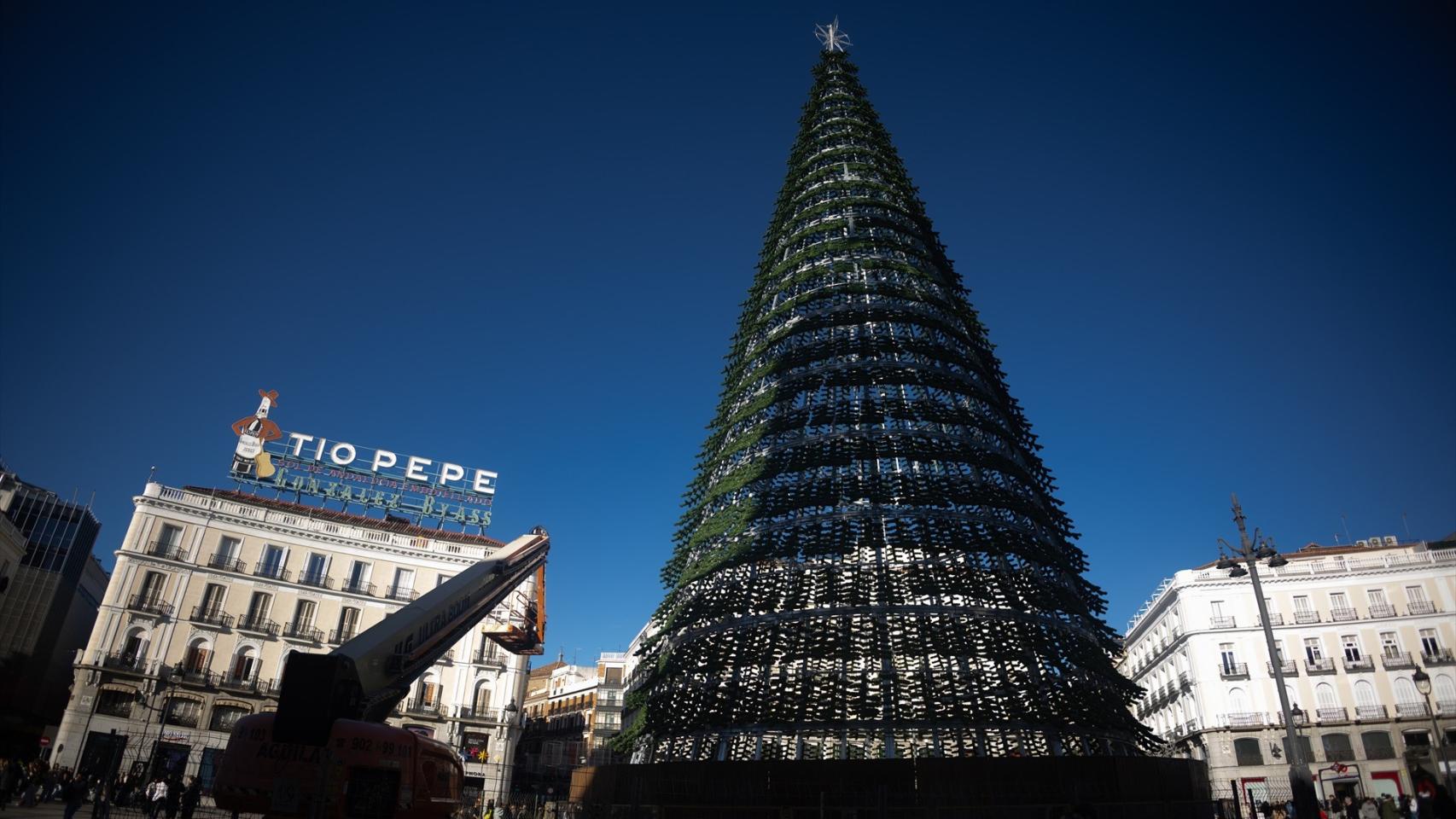 Vistas del abeto situado en la plaza de Sol de Madrid, días antes del encendido navideño.