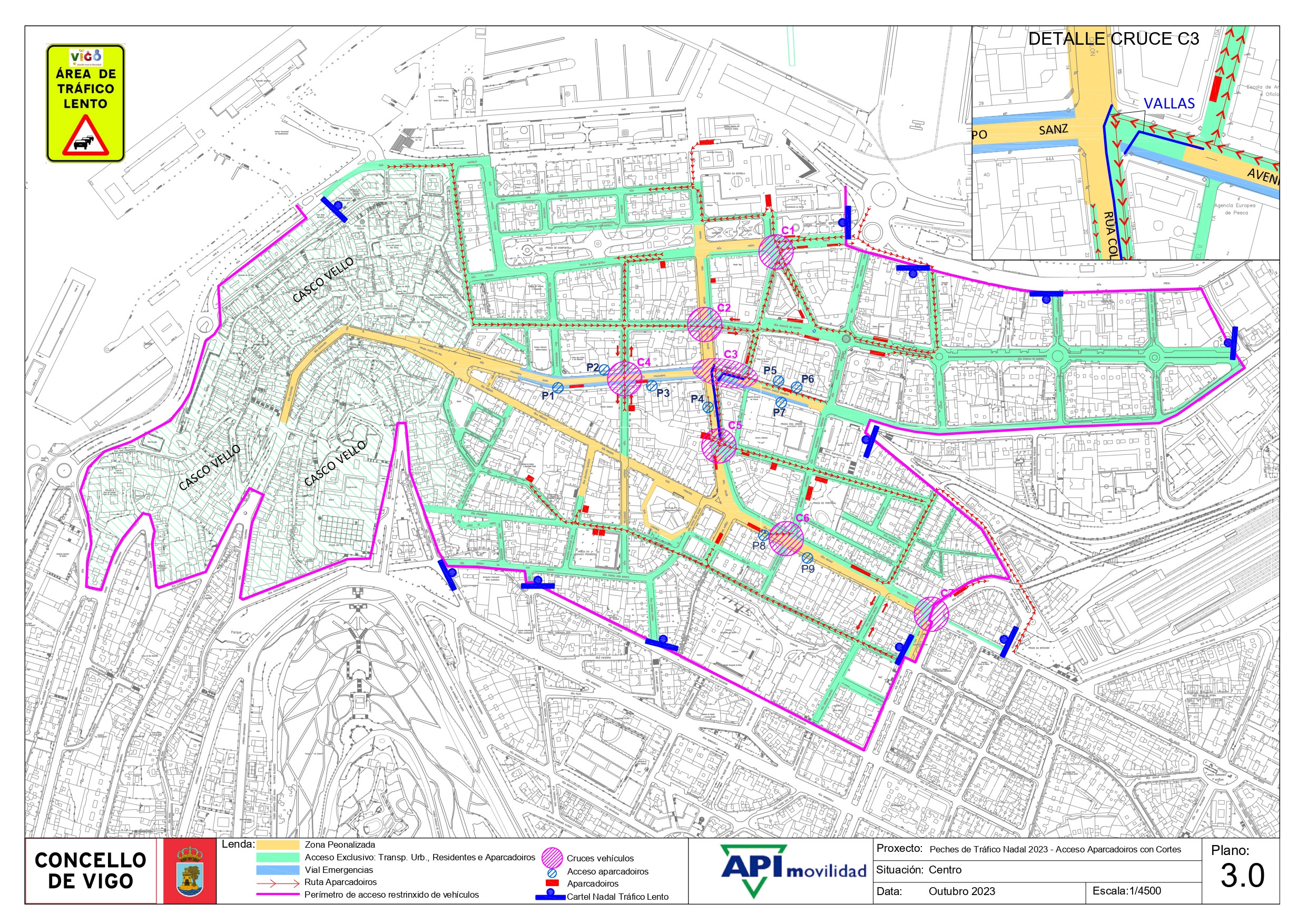 Plano del centro de Vigo con las indicaciones de tráfico.