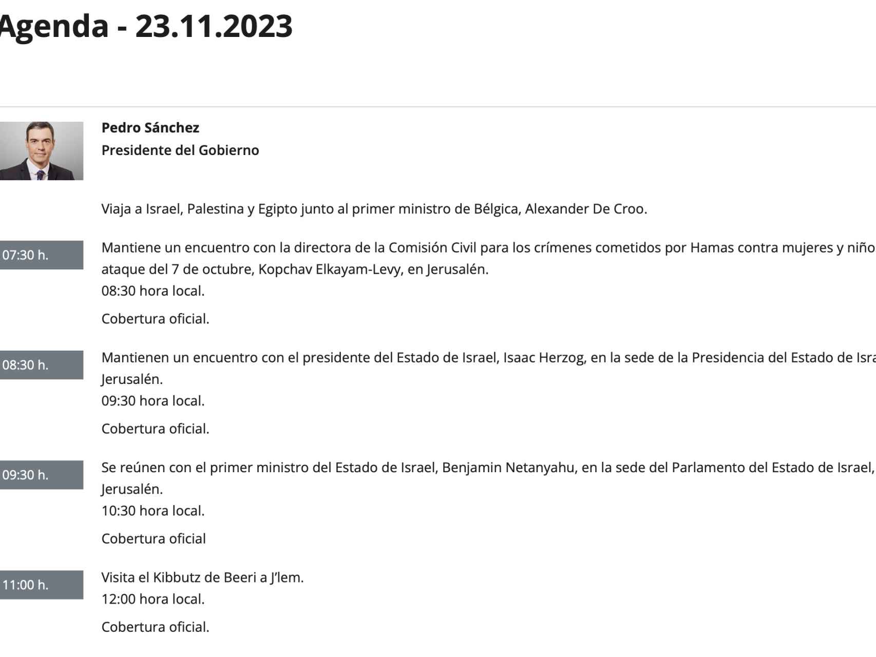 Captura de pantalla de la agenda del presidente de este jueves 23 de noviembre.