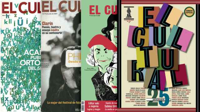 Primera portada de El Cultural, 8 de noviembre de 1998. En el centro, cubiertas del 13 de junio de 2001 y el 4 de marzo de 2022. A la derecha, número especial por el 25 aniversario, 24 de noviembre de 2023.