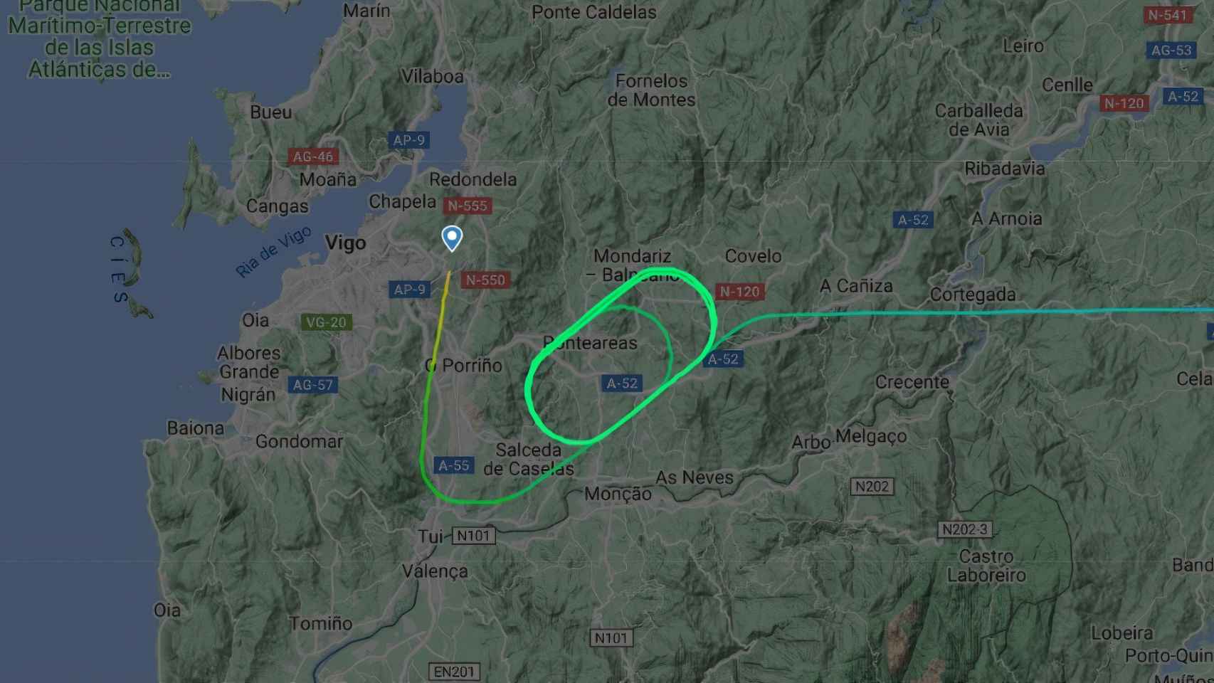Mapa del trayecto del vuelo Madrid-Vigo retrasado por un dron.