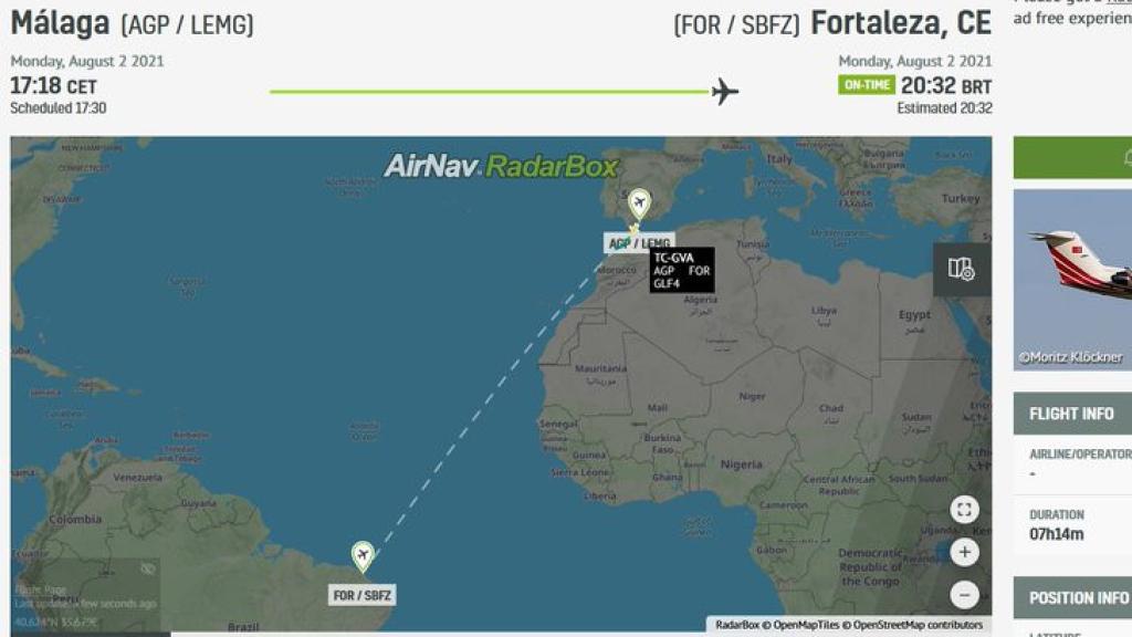 Comienzo de la travesía del jet privado que fue localizado en Brasil con 1.300 kilos de cocaína.