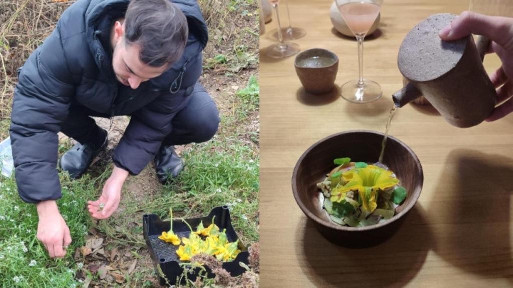 Juan Sahuquillo recolecta unas flores de su huerto que horas más tarde sirve en un plato de OBA-.