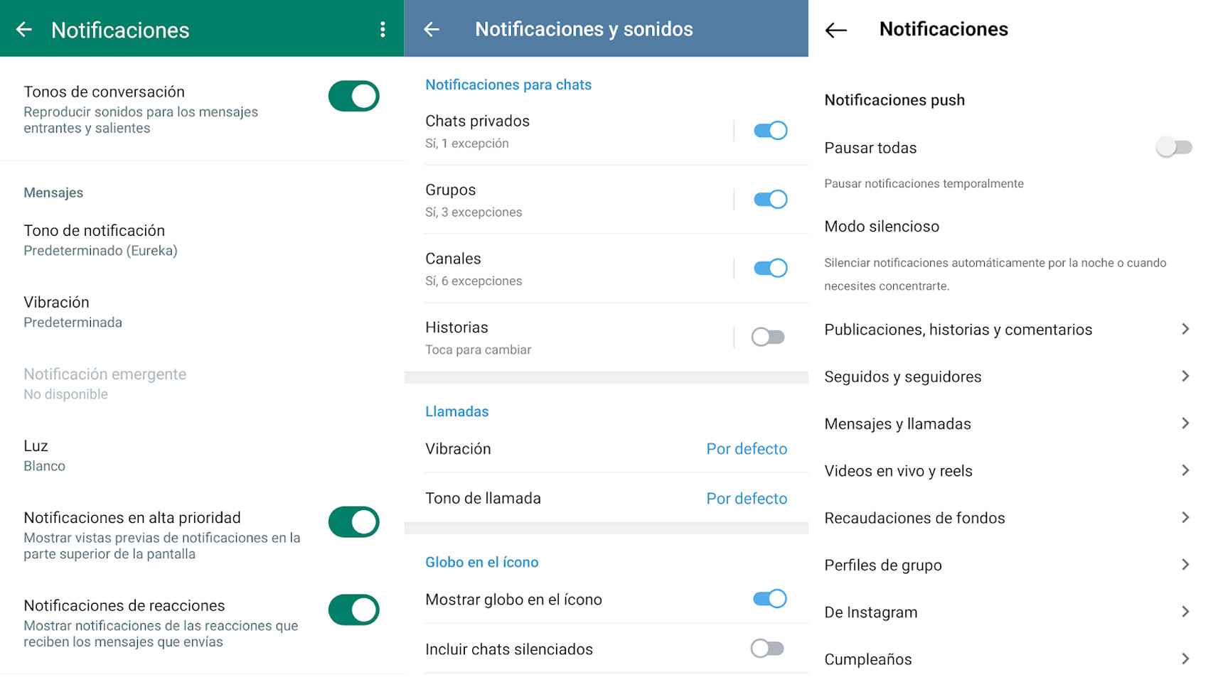 Ajustes de notificaciones en WhatsApp, Telegram e Instagram