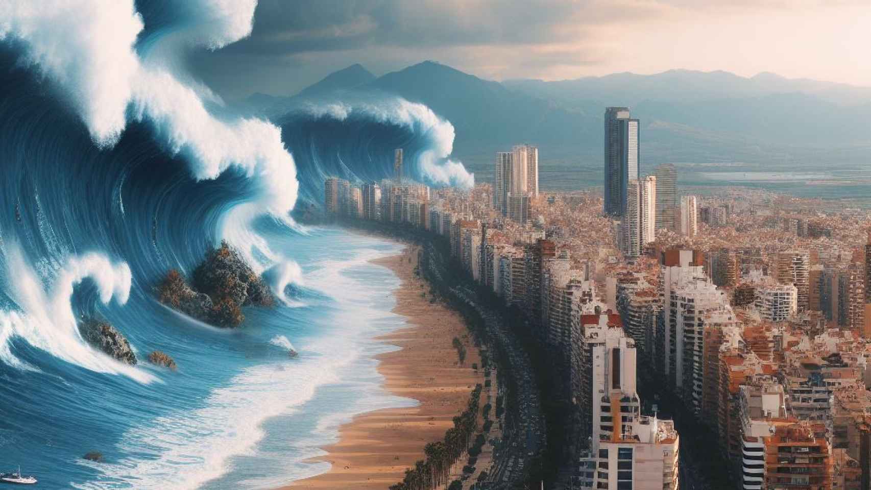 Un tsunami arrasando una ciudad costera en una imagen creada con Bing Creator.