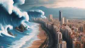 Un tsunami arrasando una ciudad costera en una imagen creada con Bing Creator.