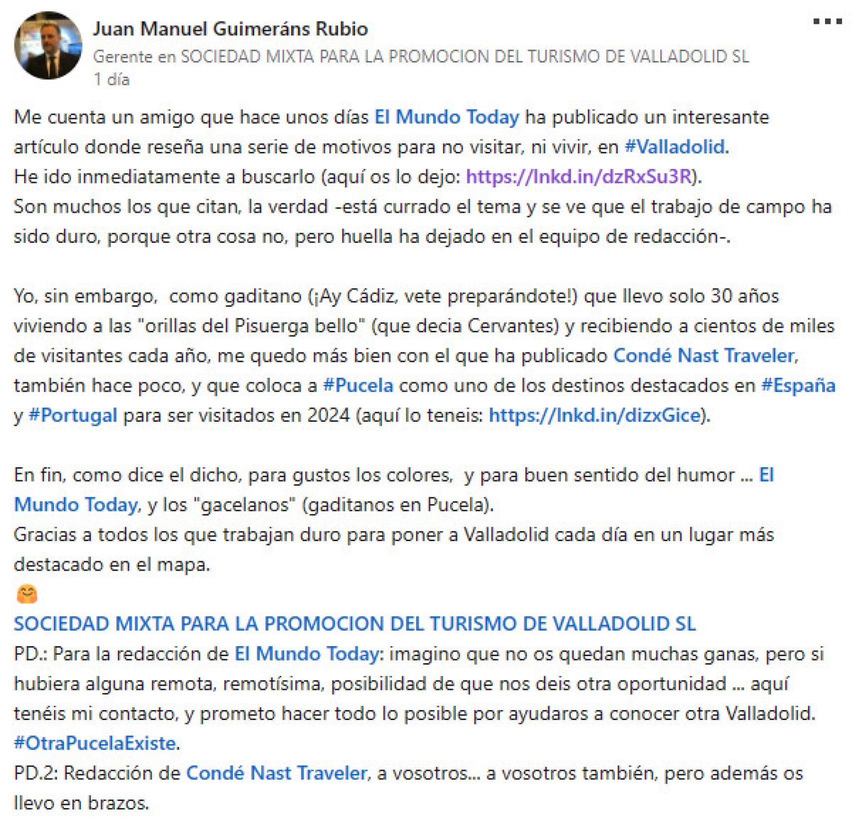 Publicación de José Manuel Guimeráns en su cuenta de Linkedin