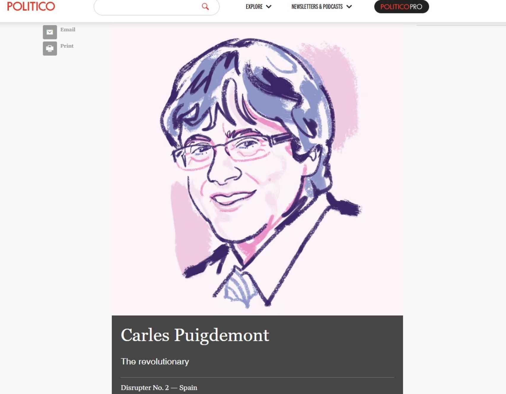 Carles Puigdemont en la web de 'Politico'.