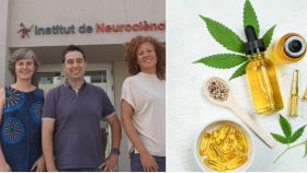 El equipo de investigadores de la UAB y una foto de hojas de marihuana y cannabidiol
