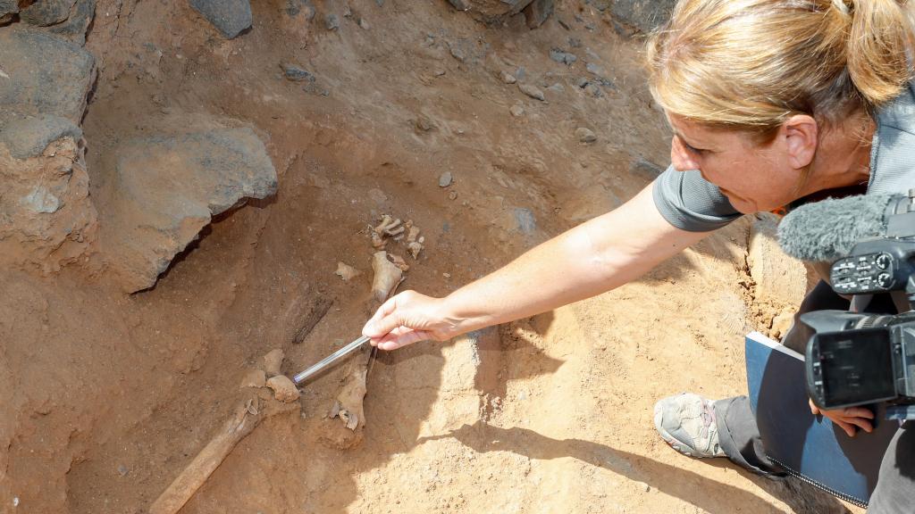 Arqueóloga  mostrando los nuevos restos encontrados